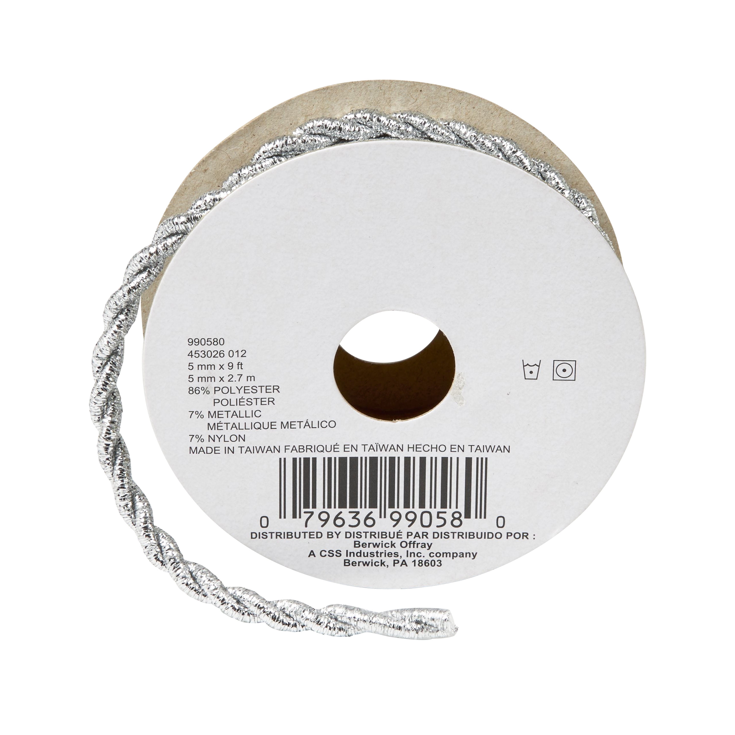Simplicity Trim, Silver 5 mm Metallic Cord Trim Great for Apparel, Home Decorating, and Crafts, 3 Yards, 1 Each