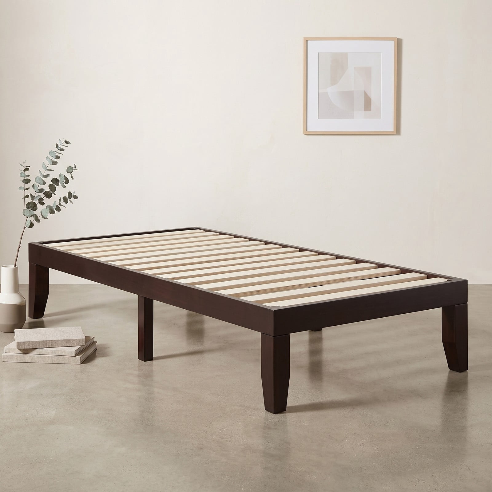 Furnibear Twin Bed Frame, 14 Inch Solid Wood Platform Bed with 14 Wooden Slats and Under-Bed Storage, No Box Spring Needed, Espresso