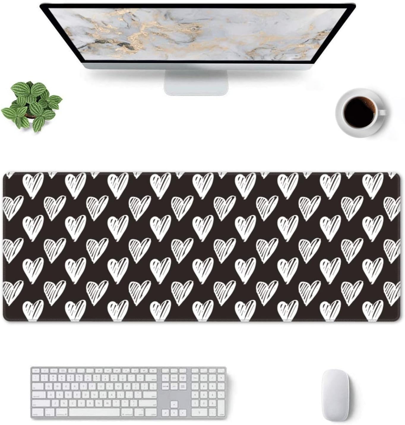Black and White Heart-Large Mouse Pad Gaming Mousepad XL 31.5x11.8 in Desk Pad Large Non-Slip Rubber Base Desk Mats on Top of Desks Mouse Pads for Wireless Mouse Computer Desks Accessories