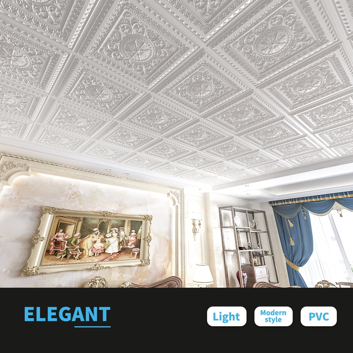 Art3d 2 ft.x 2 ft.Glue-up or Lay in Ceiling Tile PVC 3D Victorian Pattern Style in White(12-Pack)