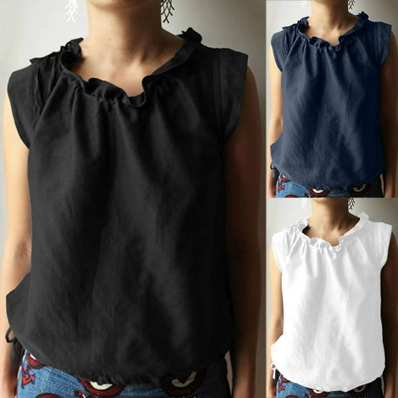 Wlynlyn Tank Tops for Women Cotton Linen Casual Sleeveless Shirts Crewneck Ruffle Summer Top Soft Comfy Blouses