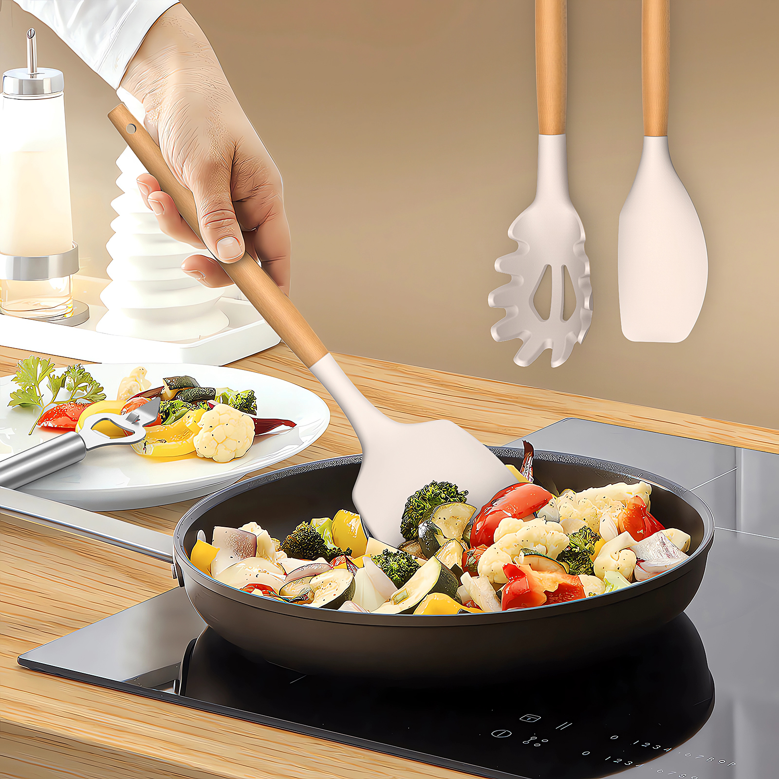 oannao 35-Piece Silicone Cooking Utensils Set, Khaki photo 2