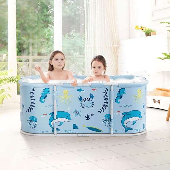 SUSUchens Foldable Bathtub,45" Extra Large Freestanding Surround Collapsible Bathtub,Family Spa Soaking Tub for Kids Adult with Thickened Bracket Ocean Pattern