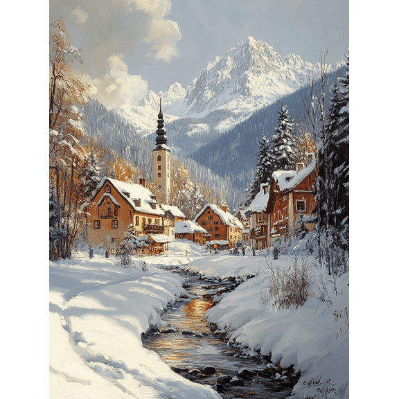 Winter Village Stream Canvas Painting， Perfect for Living Room， Bedroom， Office， Cabin， and Hotel Decor