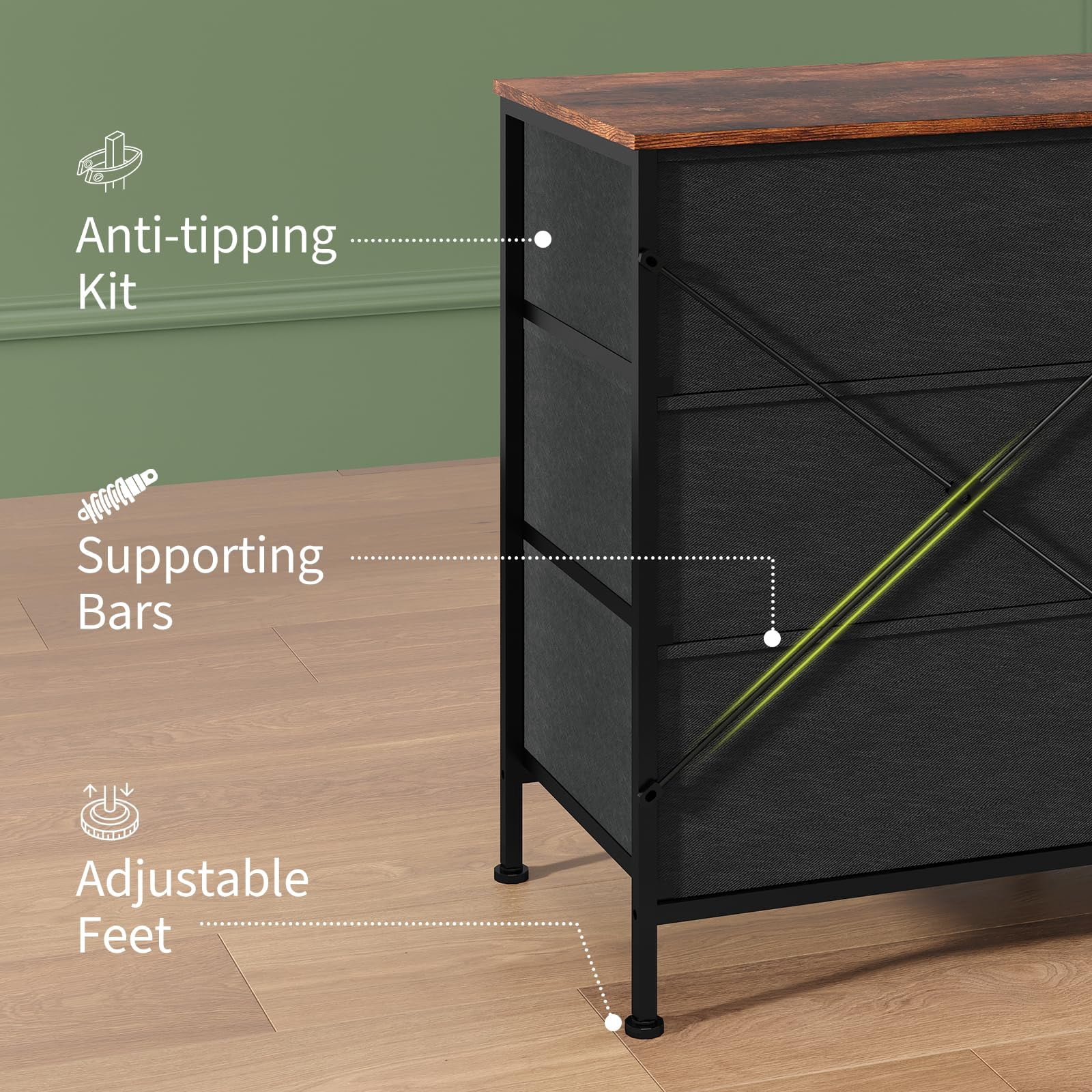 Kicctian 9-Drawer Dresser 63" Long TV Stand with Wooden Top & Fabric Storage Dresser for Bedroom,Living Room,Brown