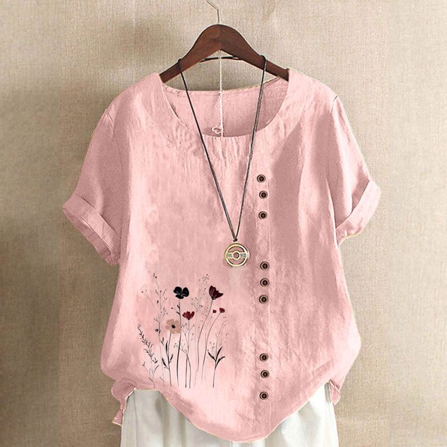 Lydiaunistar Women's Summer Tops Casual Linen Round-Neck Short Sleeve Button Blouse, Perfect for Spring, Summer, Fall, Sizes S-5XL