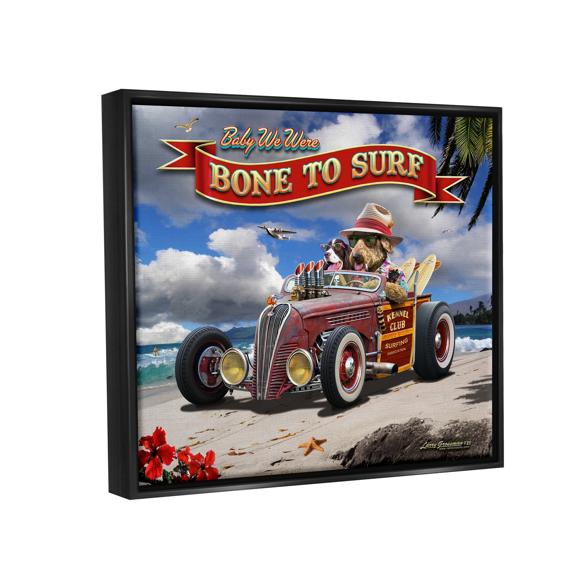Stupell Industries Bone to Surf Dogs Transportation Painting Black Floater Framed Canvas Art Print Wall Art, 31 x 25