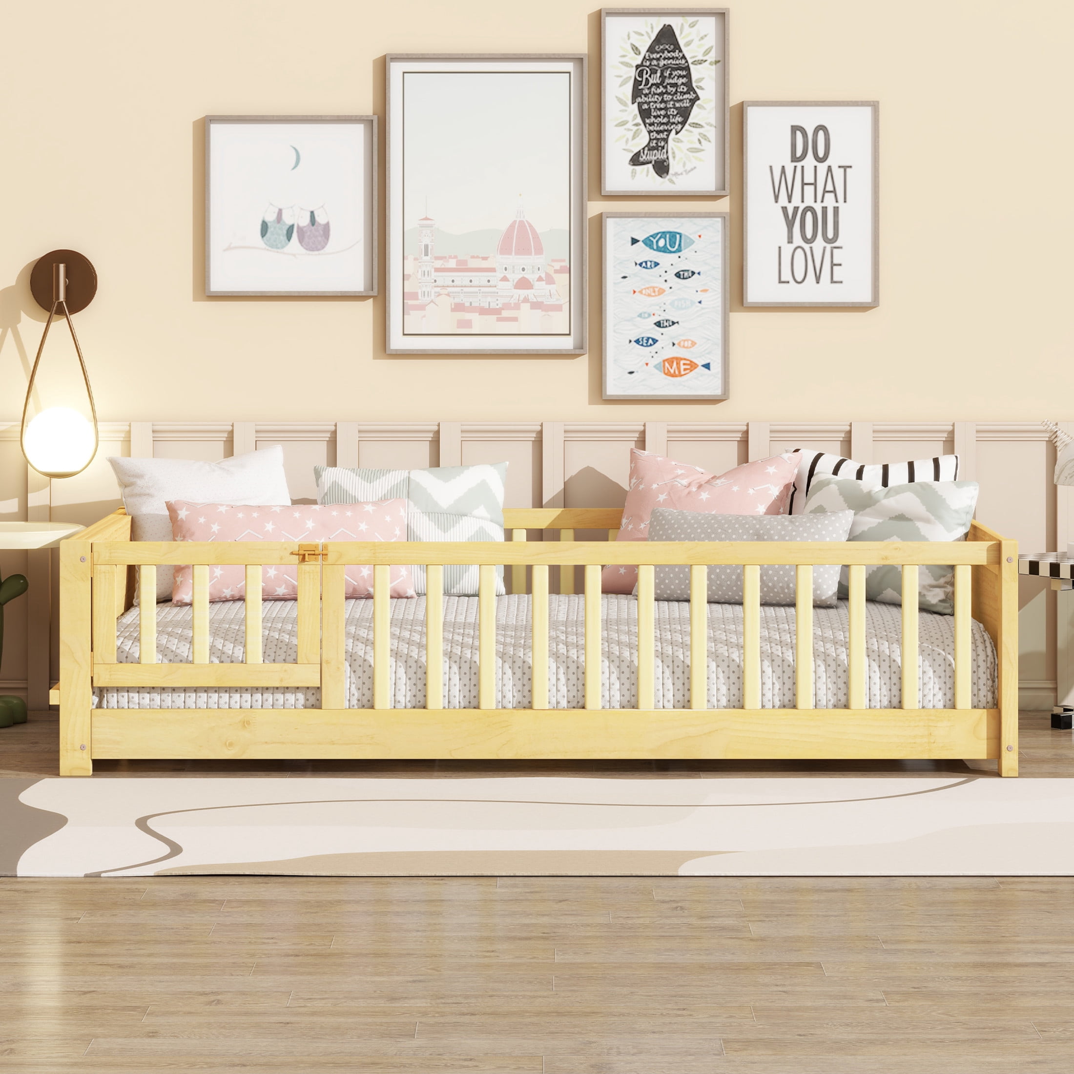 Noble House Devon Twin Floor Bed with Built-in Book Rack and Door, Sturdy Rubber Wood Montessori Bed with Fence, Natural