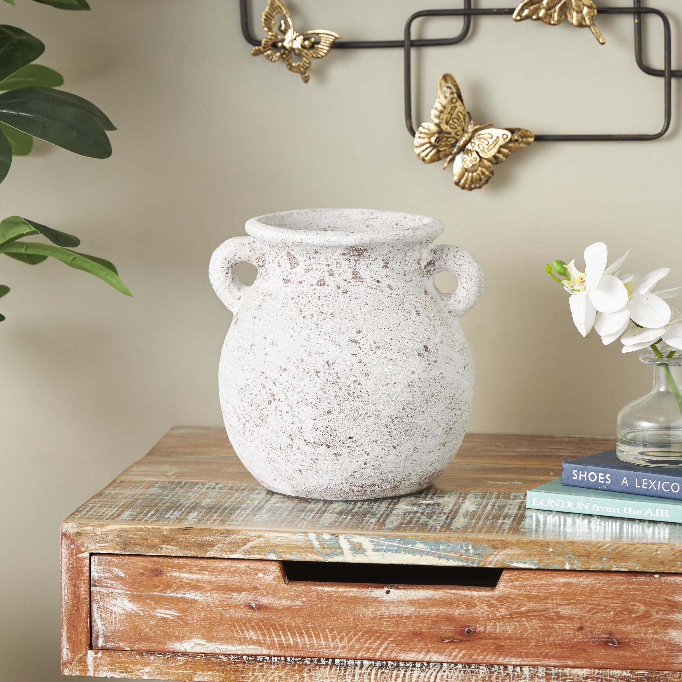 DecMode 10" Antique Style Textured Pot Cream Ceramic Vase with Handles