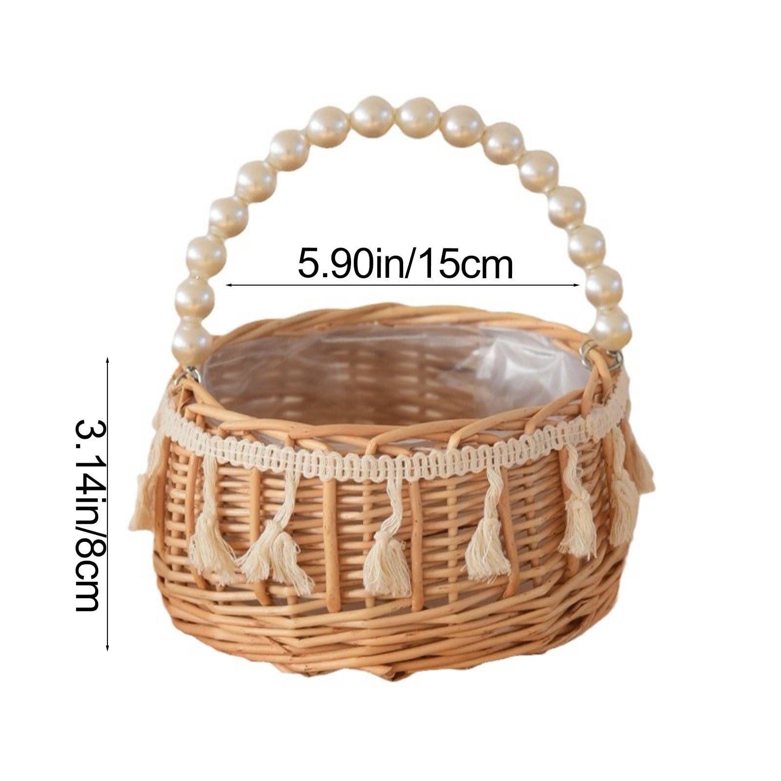 Hyknon Wicker Rattan Flower Girl Basket with Pearl Handle & Tissue Small Hand Woven Gift Storage Basket for Easter Wedding Ceremony Party Supplies