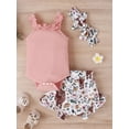 thumbnail image 3 of Baby Girl Pants Suit, Casual Party Off Shoulder Romper Tops + Bull Print Short Pants + Head Band 0-18 Months, 3 of 9