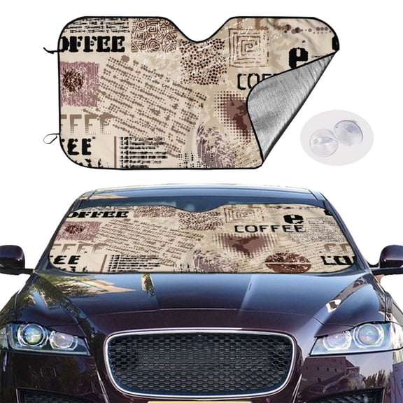 Picia Abstract Coffee Pattern With Letters Curved Windshield Sunshade Accordion Folding Style Auto Shade for Car Truck SUV Van Blocks UV Ray Sun Visor Protector -Small