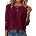 thumbnail image 4 of TEAJOPSUU Women's Fall Winter Sweaters Comfy Crew Neck Long Sleeve Ribbed Shirts Blouses Casual Solid Trendy Scalloped Hem Pullover Sweater Tops B-Burgundy, 4 of 9