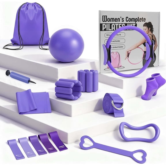Pilates Kit for Women - 16 count Pilates Equipment Set with Magic Circle Ring, Ball, 5 Resistance Bands, Yoga Strap, Ankle Weights, Grip Socks & | Pilates Starter Kit