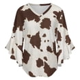 thumbnail image 5 of Brown Cowhide Leather Women's V-Neck Blouse With 3/4 Ruffled Bell Sleeves Casual Top Ladies Blouses, 5 of 7