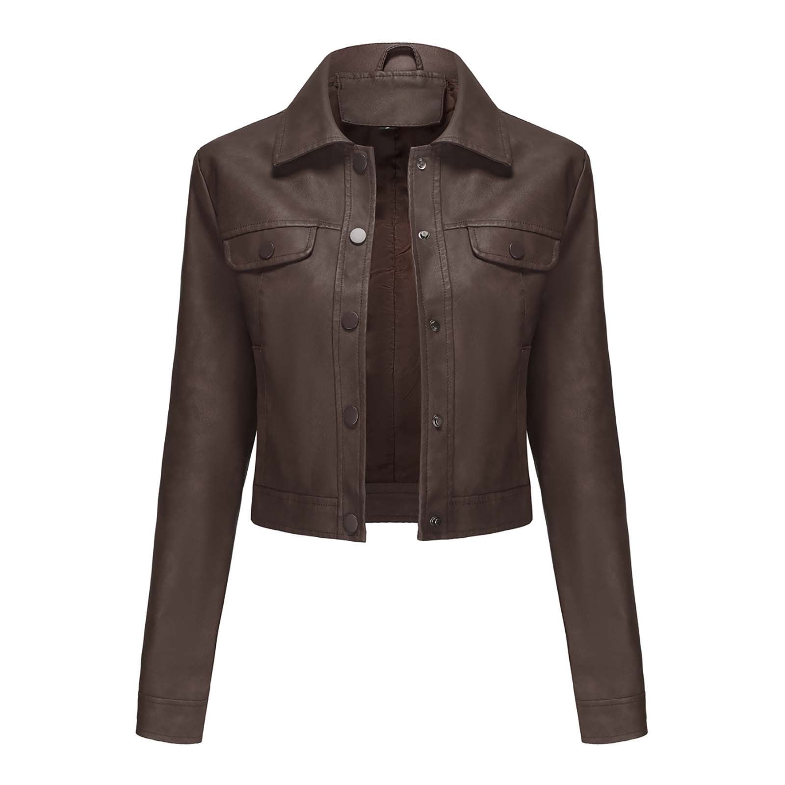 UTSJKR Womens Faux Leather Jacket 2024 Fashion Quilted Button Up Coat Motorcycle Short Biker Jackets Classic Y2k Cropped Coats Brown XXL