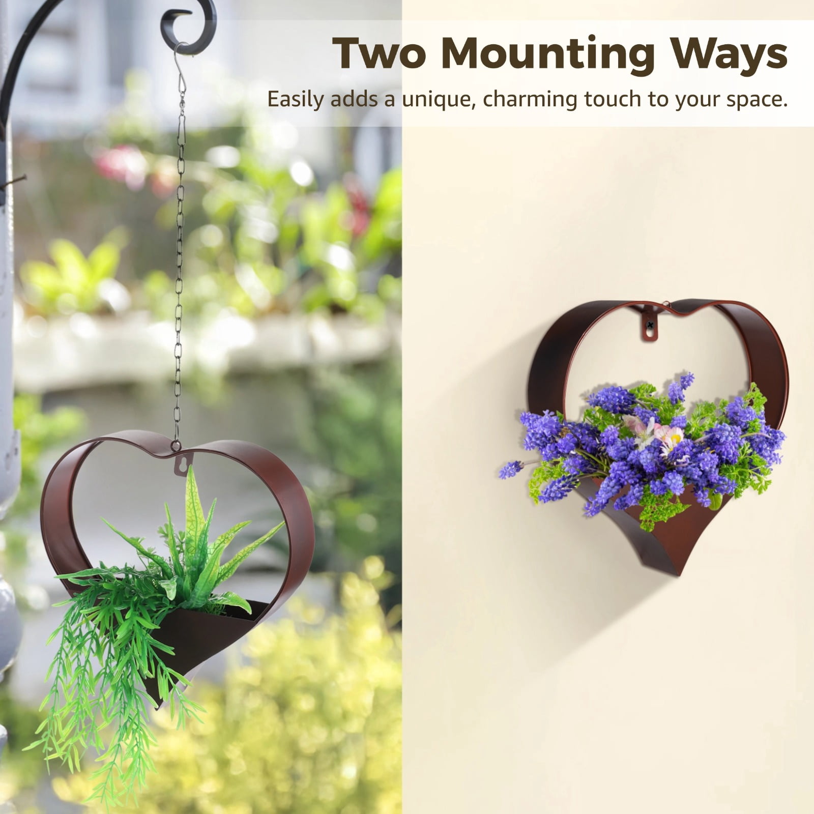 2 Pcs Heart-Shaped Metal Hanging Planters, Plant Hangers with Detachable Hooks and Chains, Rustic Coated Plant Stands for Indoor and Outdoor Use