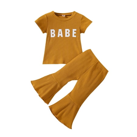 

Genuiskids Toddler Baby Girl Summer 2Pcs Outfit Babe Letter T-Shirt Ribbed Knit Tops Ruffle Bell Bottoms Flare Pants Wide Legging Set 6M-4T