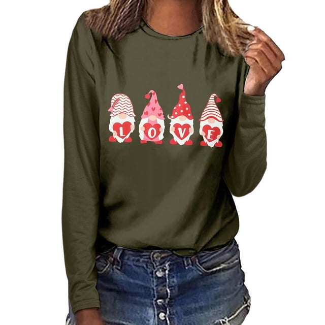 Chemises de la Saint-Valentin pour Femmes Cœur d'Amour Mignon Graphique Chandails en Molleton de la Saint-Valentin Manches Longues Col Rond Hauts de Vacances Mode Féminine Imprimé Gnome de la Saint-Valentin Col Rond Manches Longues T-Shirt