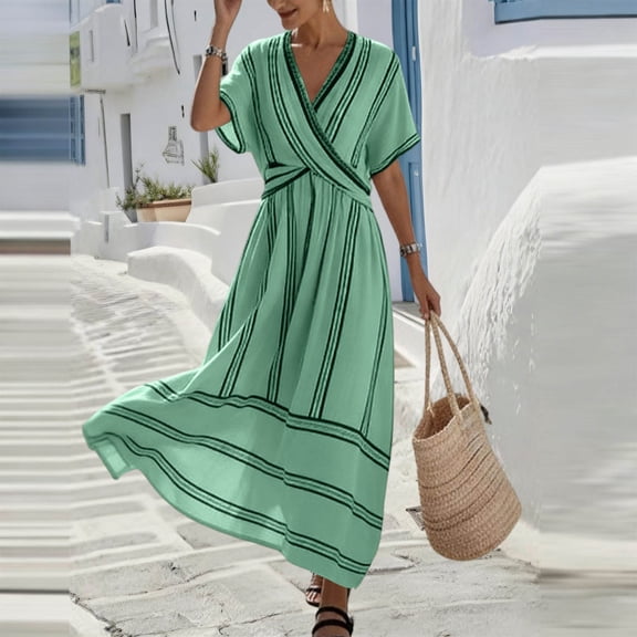 Guieoi Summer Dresses for Women under $10 Plus Size V-neck Short-Sleeve Cross-Front Flared Striped Dress / Short-Sleeve V-neck Dress Green XXL