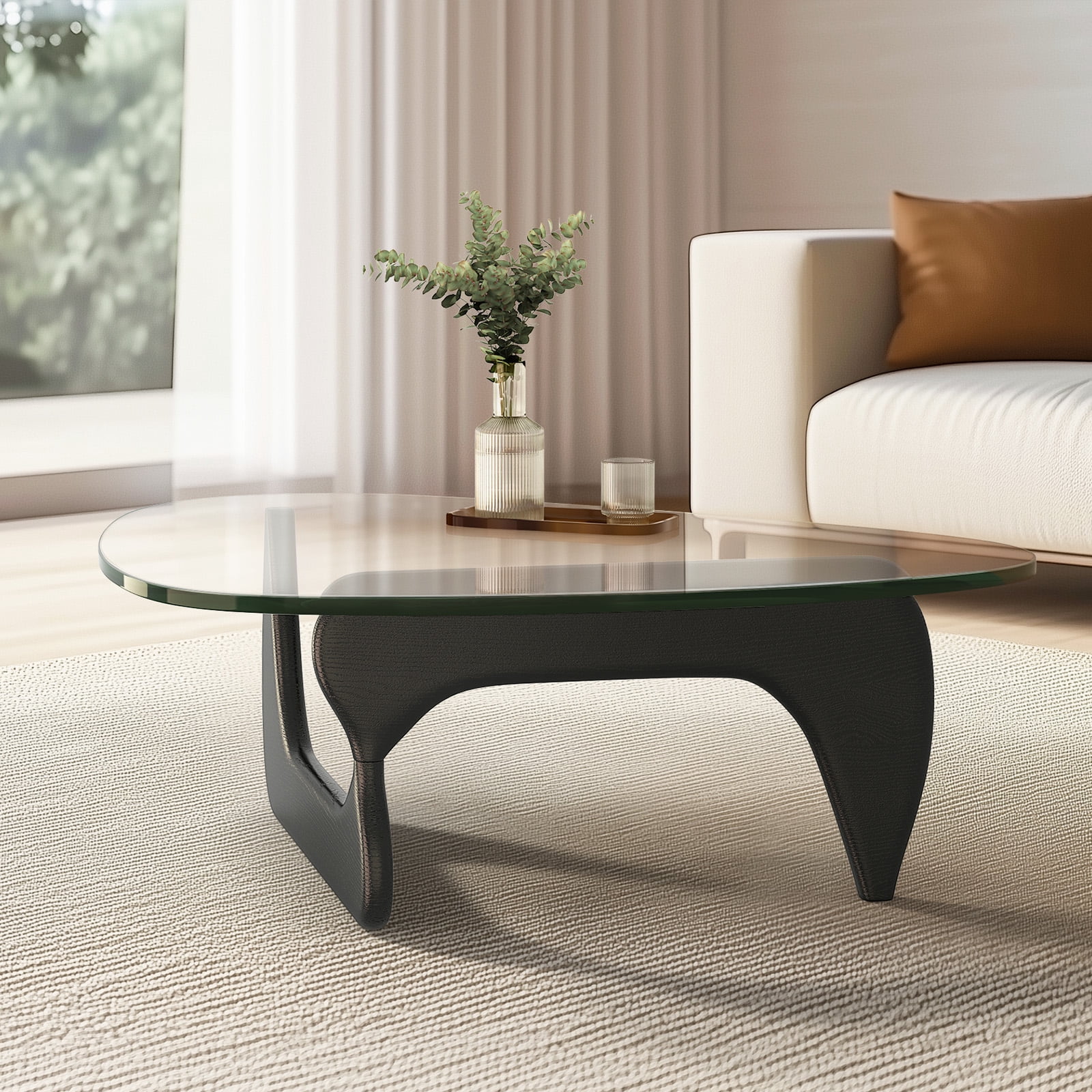 Cottinch 50" Triangle Glass Coffee Table with Wood Base for Living Room Office, Black