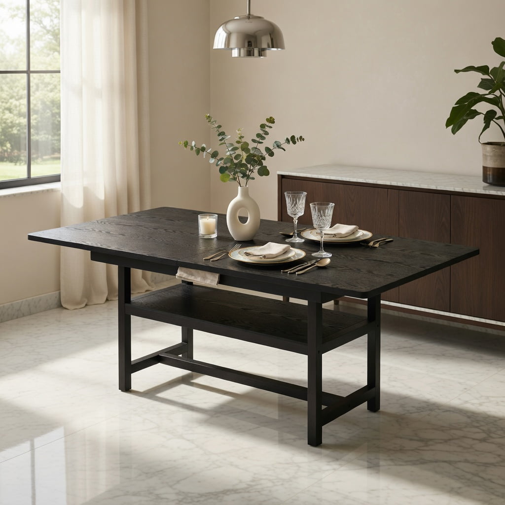 Hommoo Modern MDF Dining Table 71in x 35.4in with Built-in Storage Shelf, Minimalist Industrial Style Extendable-Look Solid Table for Family Meals & Small Spaces, Black