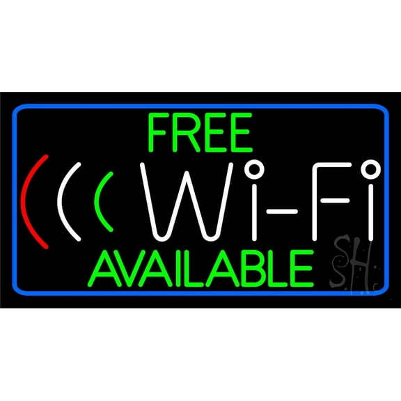Green Free Wifi Available Block LED Neon Sign 13 x 24 - inches, Clear Edge Cut Acrylic Backing, with Dimmer - Bright and Premium built indoor LED Neon Sign for Computer & Electronics store decor.