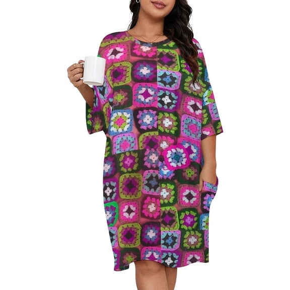 Crochet Blanket Granny Square Vintage Sleepshirts For Sleeping Travels Loose Sleepdress Pajama Dress Soft Nightdress Sleepwear