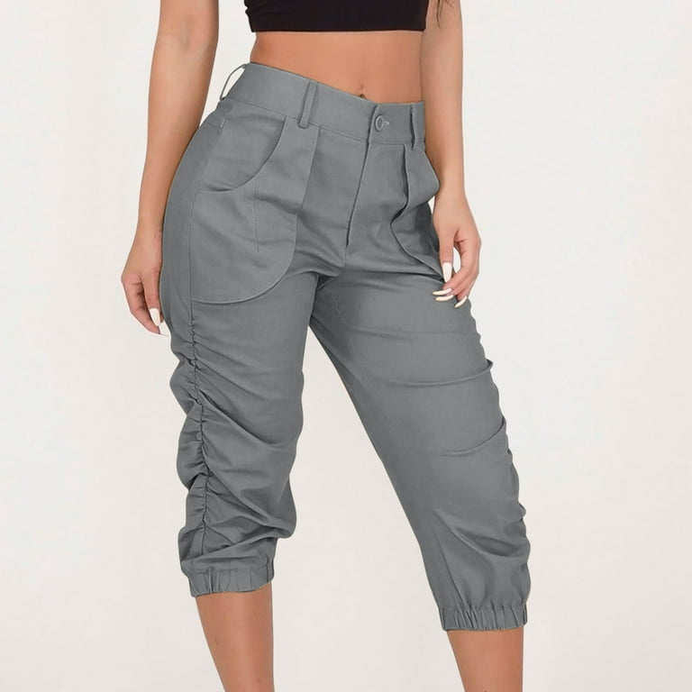 Olyvenn Women's Summer High Waist Full Length Long Pants ed Solid Color  Summer Casual Capris Cargo Pants With Pokets Trendy Comfy Loose Fit Casual