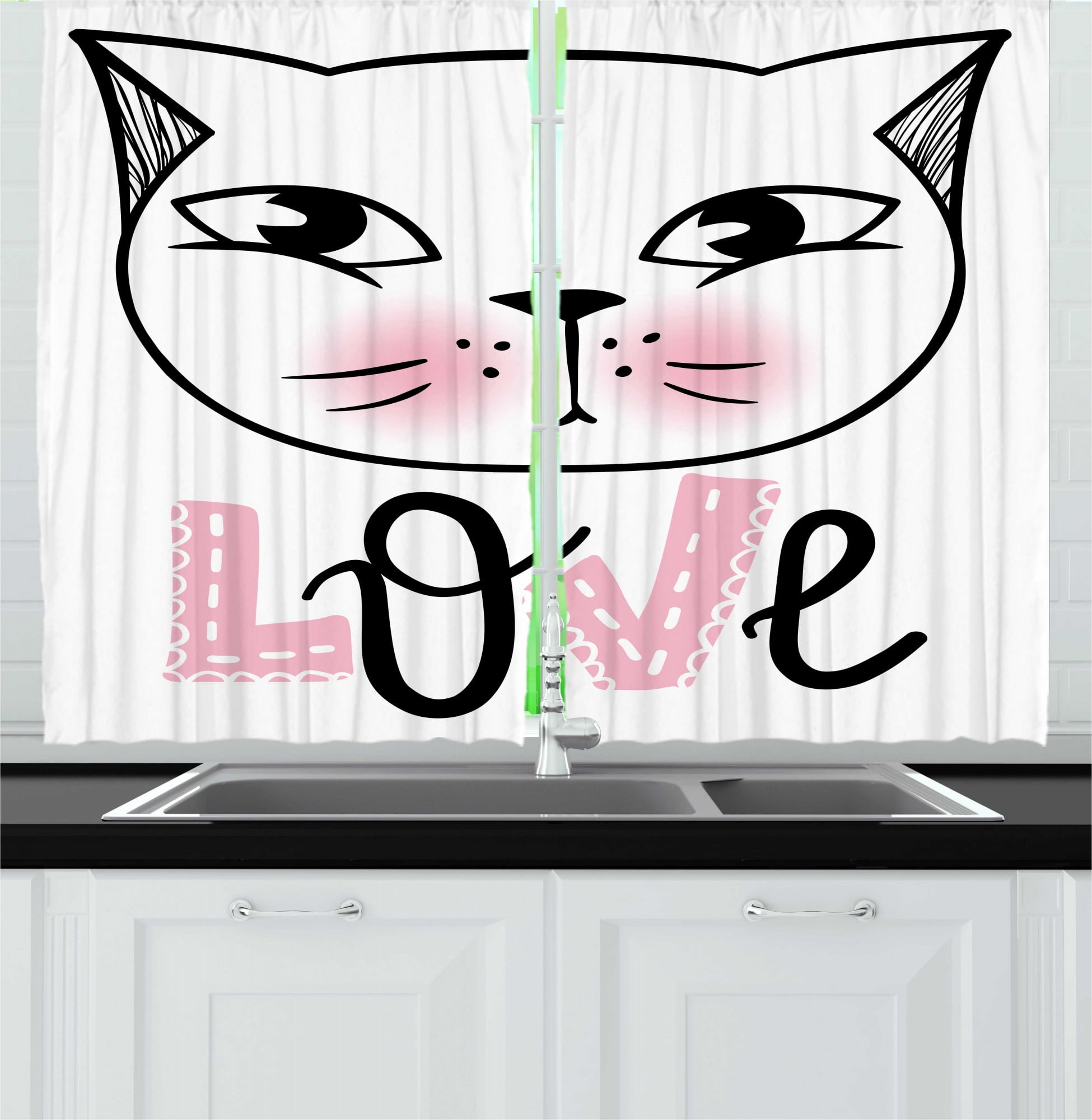 Cat Kitchen Curtains, Love Typography with an Outline Drawing of a