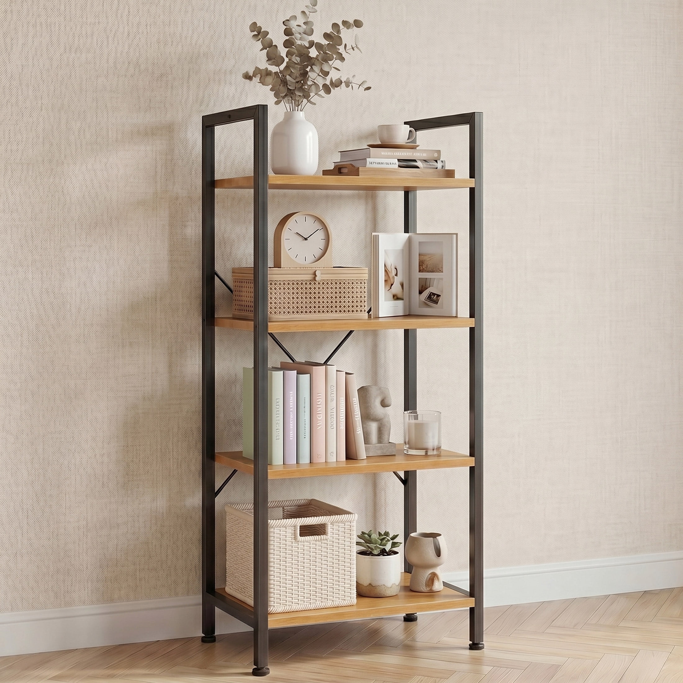 CONCETTA Bookshelf, 4-Tier Small Industrial Storage Shelf & Shelves, Metal Bookcase for Home Office, Living Room, Wood