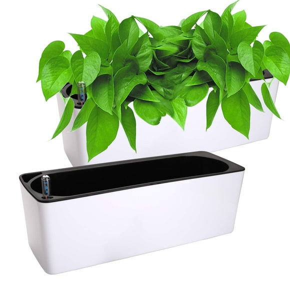 Fasmov 2 Pack Rectangle Self Watering Planter with Water Level Indicator, 16x 5.5 Inch Window Gardening Box, Decorative Planter Pot for All Hous