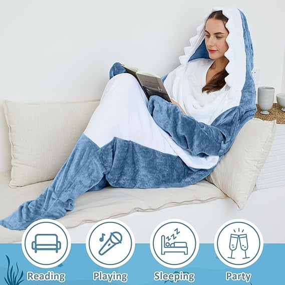 RAINBEAN Shark Blanket Hoodie Onesie for Adults and Kids, Cozy Flannel Shark Sleeping Bag