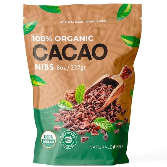 NaturaleBio Organic Raw Cacao Nibs 8OZ (227gr.) Peruvian, Natural and Pure. Made in Peru from The Theobroma Cacao Plant