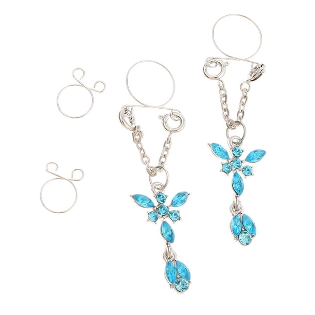 1 par de anillos de pezón con clip no perforante para mujeres que cuelgan de cristal artificiales Azul