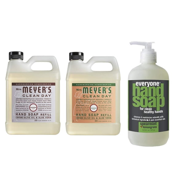 Mrs. Meyers Clean Day Liquid Hand Soap Refill, 1 Pack Lemon Verbena, 1 Pack Geranium, 33 OZ each include 1 12.75 OZ Bottle of Hand Soap Spearmint   Lemongrass