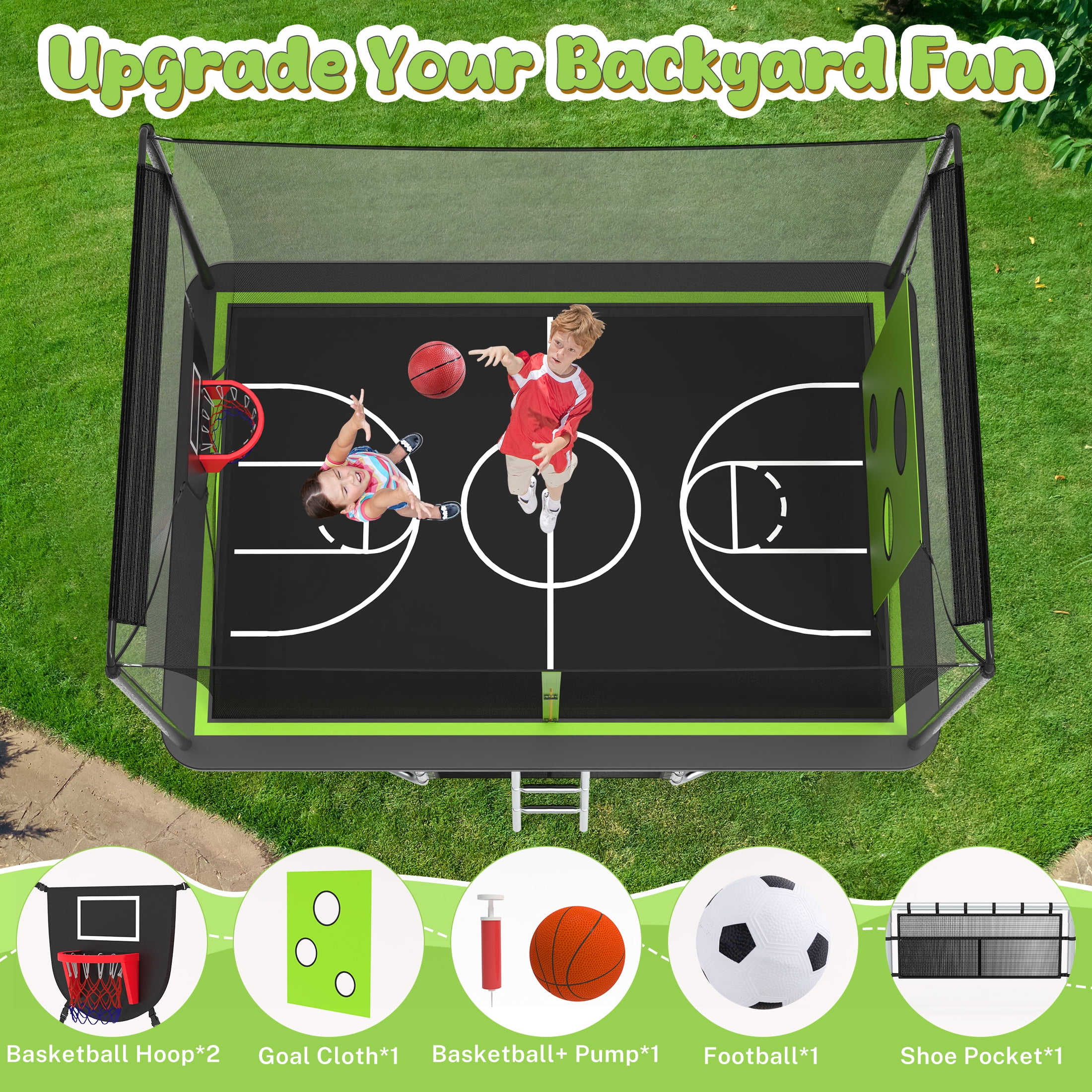 8 ×12FT Large Trampoline for Kids and Adults, SHINPT Outdoor trampoline with 2 Basketball Hoops, Big Trampoline with 360° Safety Net, Kids Trampoline Outdoor with Football Net with 1600LBS Capacity