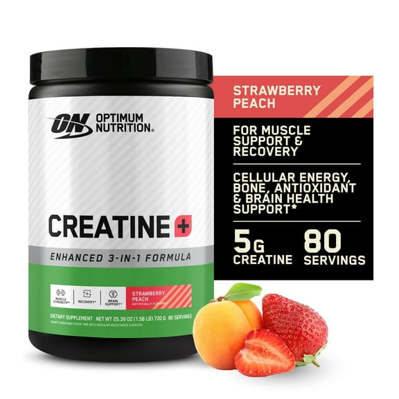 Optimum Nutrition Creatine Monohydrate Plus Powder, Strawberry Peach Flavored Creatine Performance Blend, with Electrolytes for Hydration, Added Vitamins, 80 Servings, 720 Grams (Packaging May Vary)