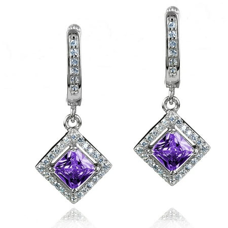 ELYA Sterling Silver Amethyst Purple Cushion-Cut CZ Halo Dangling Earrings
