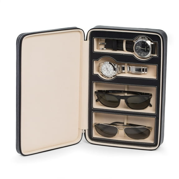 Black Leather Two Watch and Two Sunglass Travel Case with Form Fit Compartments with Zipper Closure.