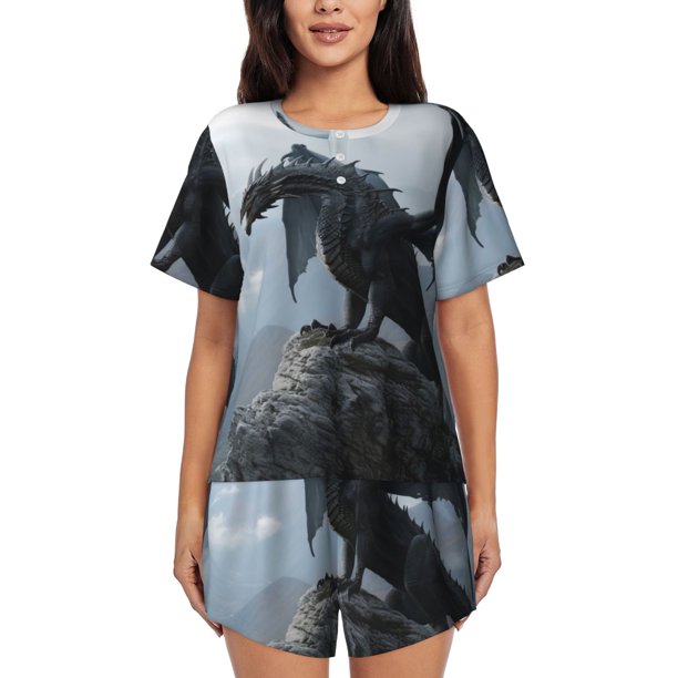 Fotbe Valley Gray Dragon Conjunto de Pijama Estampado para Mujer, 2 Piezas, Ropa de Dormir con Camiseta de Manga Corta y Shorts Suaves-Small