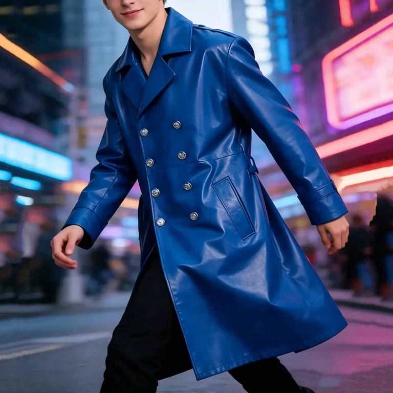 FRSASU Men's Vintage Faux Leather Trench Coat Double Breasted