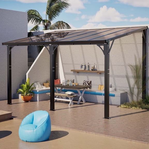 LZBEITEM 14x10 FT Wall Mounted Hardtop Gazebo Aluminum Patio Cover with Polycarbonate Sloped Roof Black