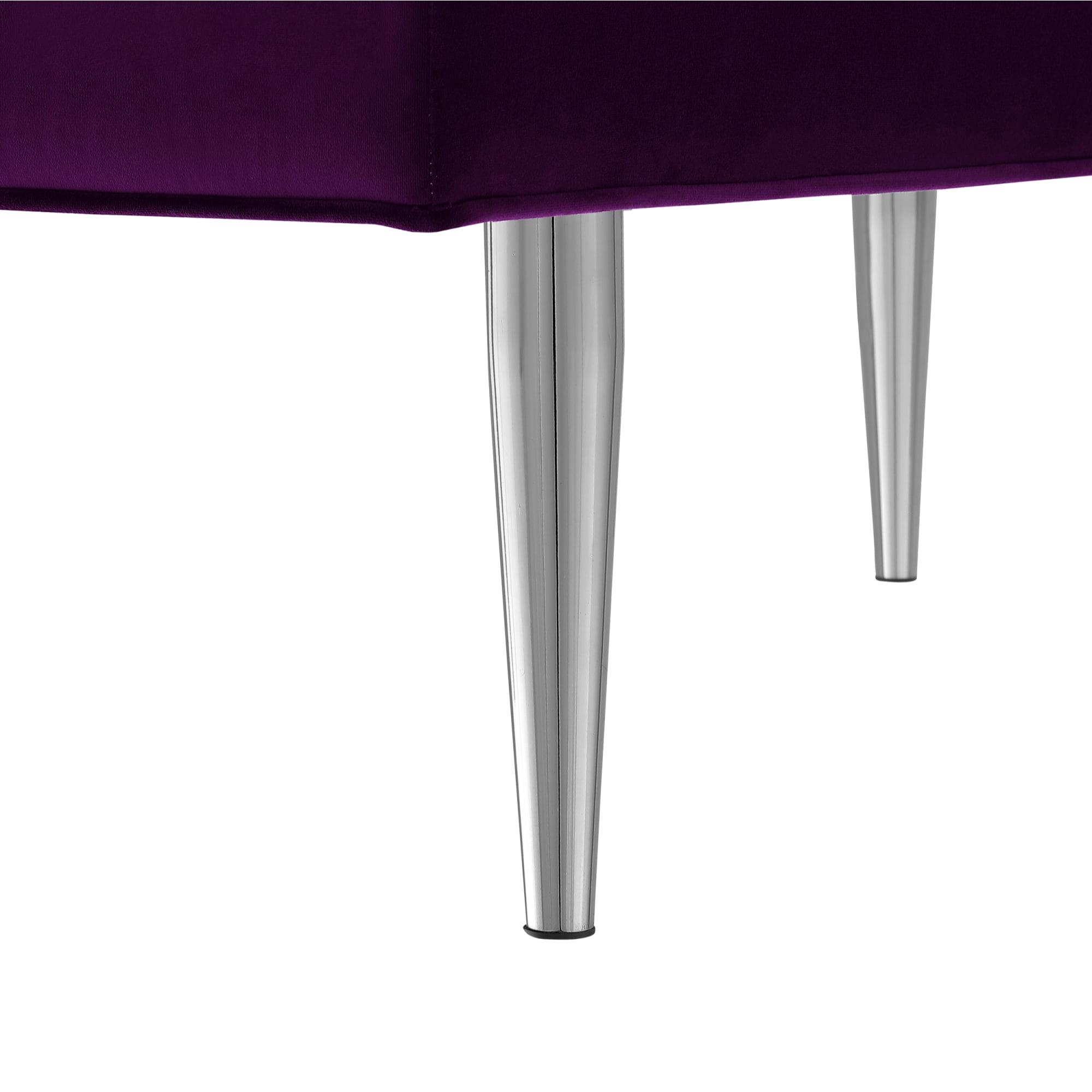 Bodie Purple/Chrome Velvet Bench - Upholstered, Channel Tufted, Tapered Mirrorred Lacquer Finish Stainless Steel Legs
