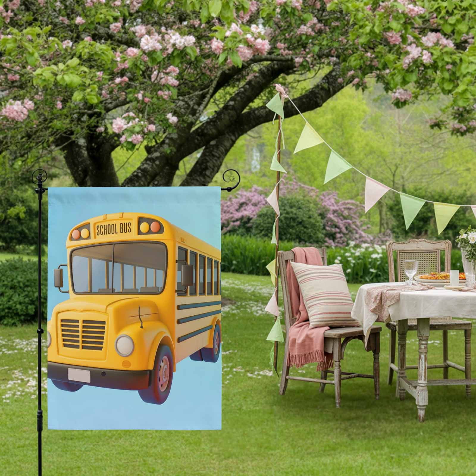 Yellow School Bus House Flag 28 x 40 Inches, Blue Background Cartoon 3D Simple Weather Proof Outdoor Patio Flags Double Sided Small House Decoration for Yard Lawn Outside Home