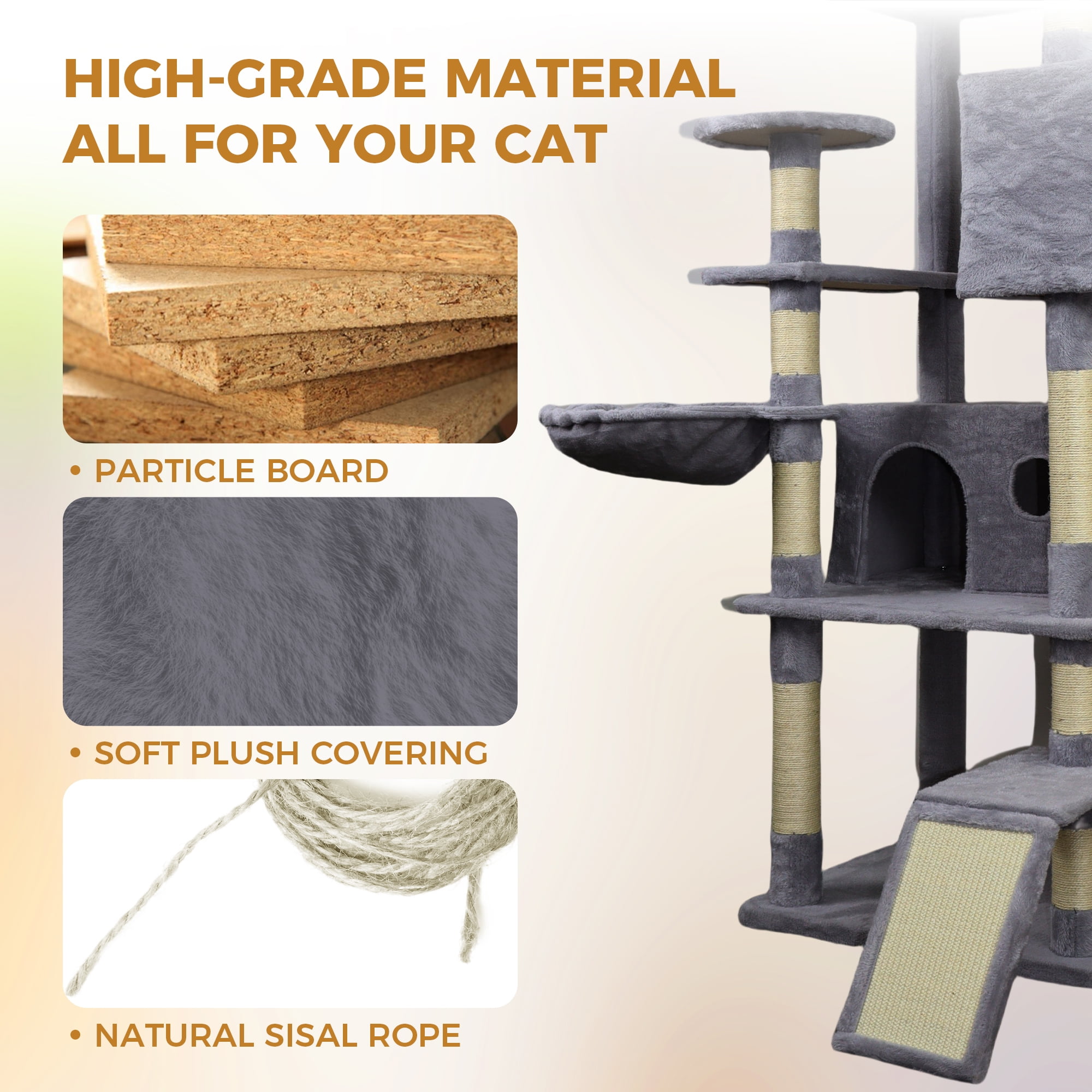 Jopath 84.6 in Dark Gray Cat Tree Tower with Wide Base, 3 Large Hinding Condo, 11 Sisal Scratching Post,2 Hammocks, Large Top Platform, Many landing Perch and Interactive toy