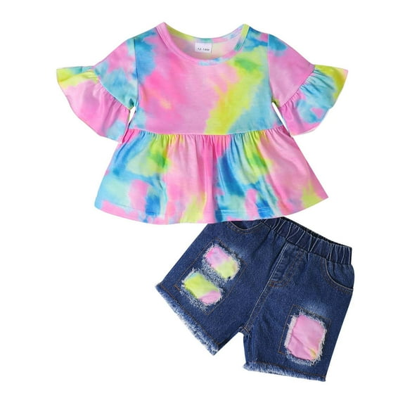 Fesfesfes Toddler Kids Baby Girls Summer Tie-dyed Top Ripped Denim Shorts Clothes Suit
