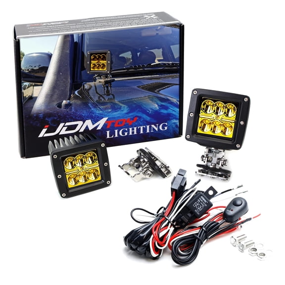 Hood Edge Mount Selective Yellow LED A-Pillar Lighting Kit For Truck SUV: (2) Yellow Lens 24W High Power 2x3 LED Cubes, Edge Clamp Mounting Brackets & Relay Wiring   On/Off Switch