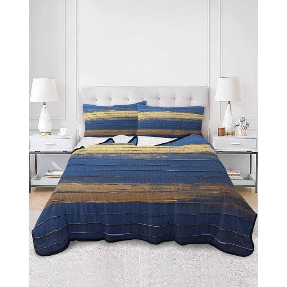 Quilts Twin XL Size, Navy Blue Yellow Soft Comforter Bedding Set for Bed, Modern Abstract Striped Art Lightweight Quilted Bedspread with Pillow Cover(2 Pieces) for All Season, 68x98 Inch