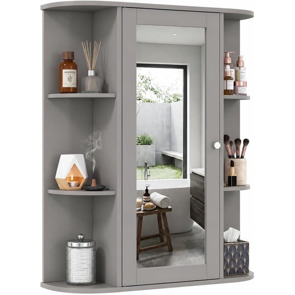 Alpinel Bathroom Medicine Cabinet, Wall Mounted Storage Cabinet with Mirror Door, Removable & 3 Adjustable Shelves, Wooden Hanging Wall Mirror Cabinet for Bathroom Living Room Laundry (Grey)